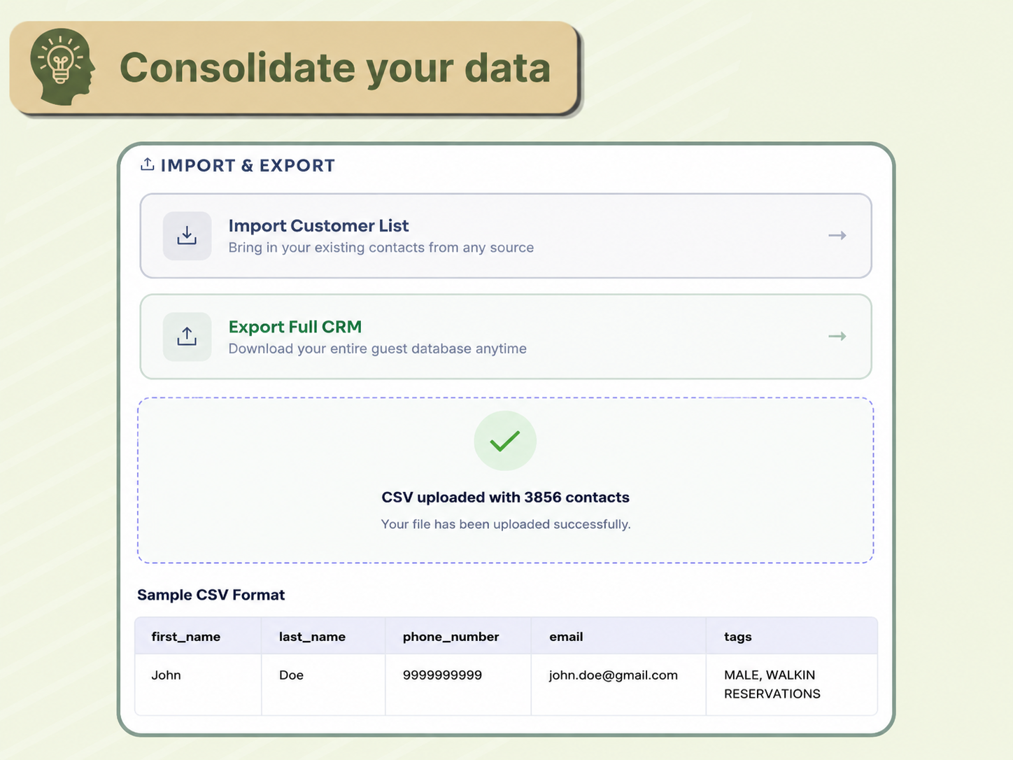 AirMenus CRM import and export dashboard