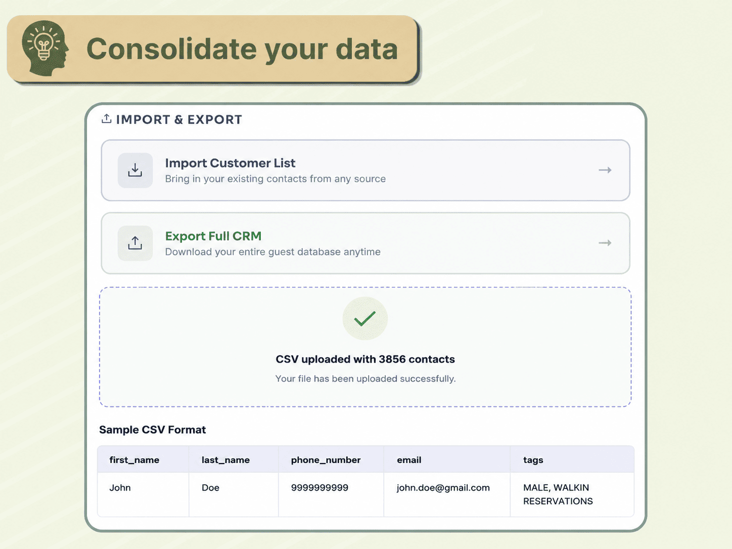 AirMenus CRM import and export dashboard