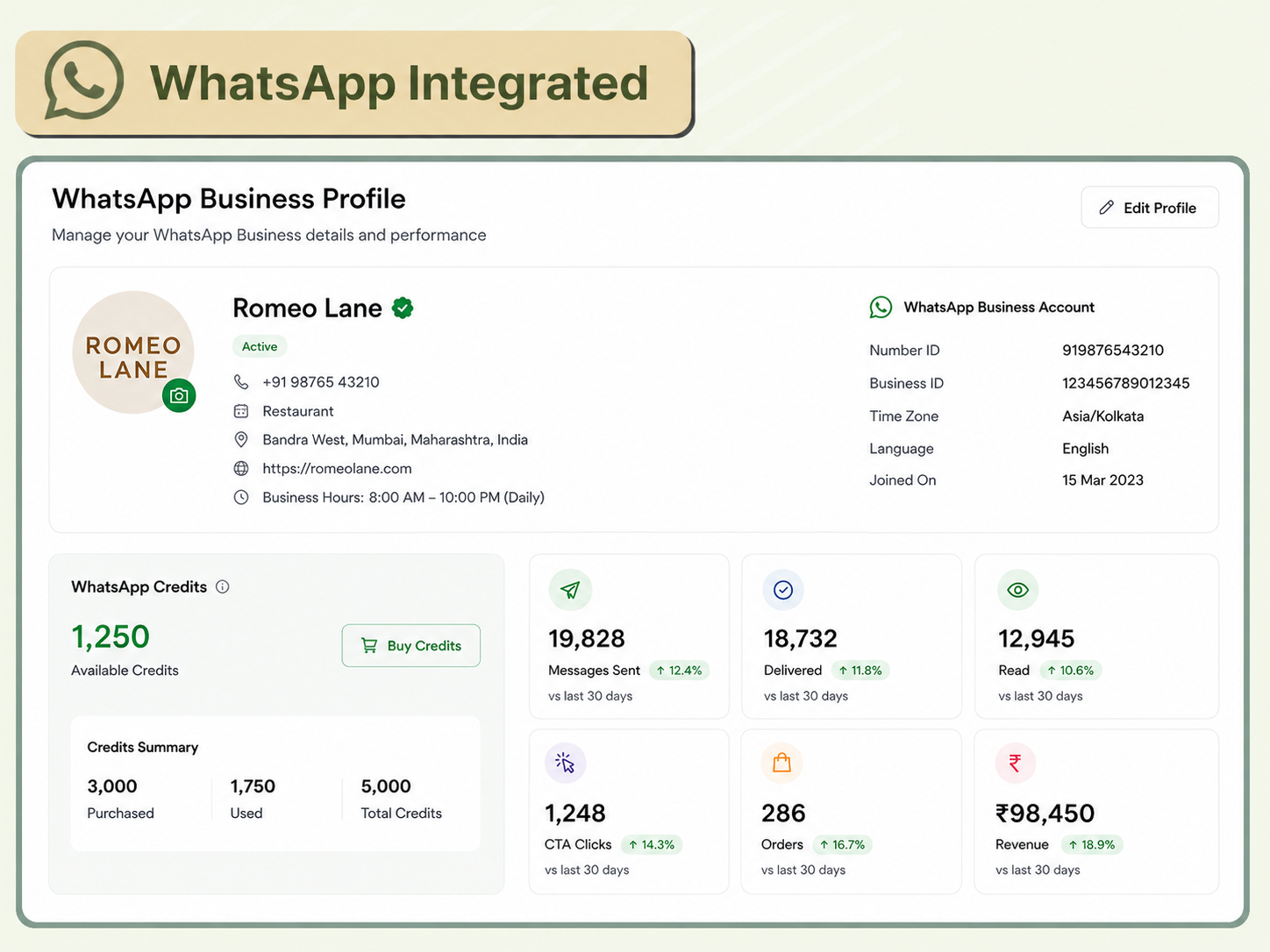 AirMenus WhatsApp Business profile dashboard