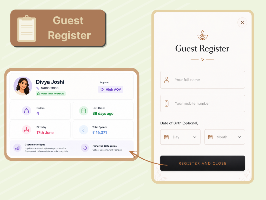 AirMenus guest register and customer profile interface