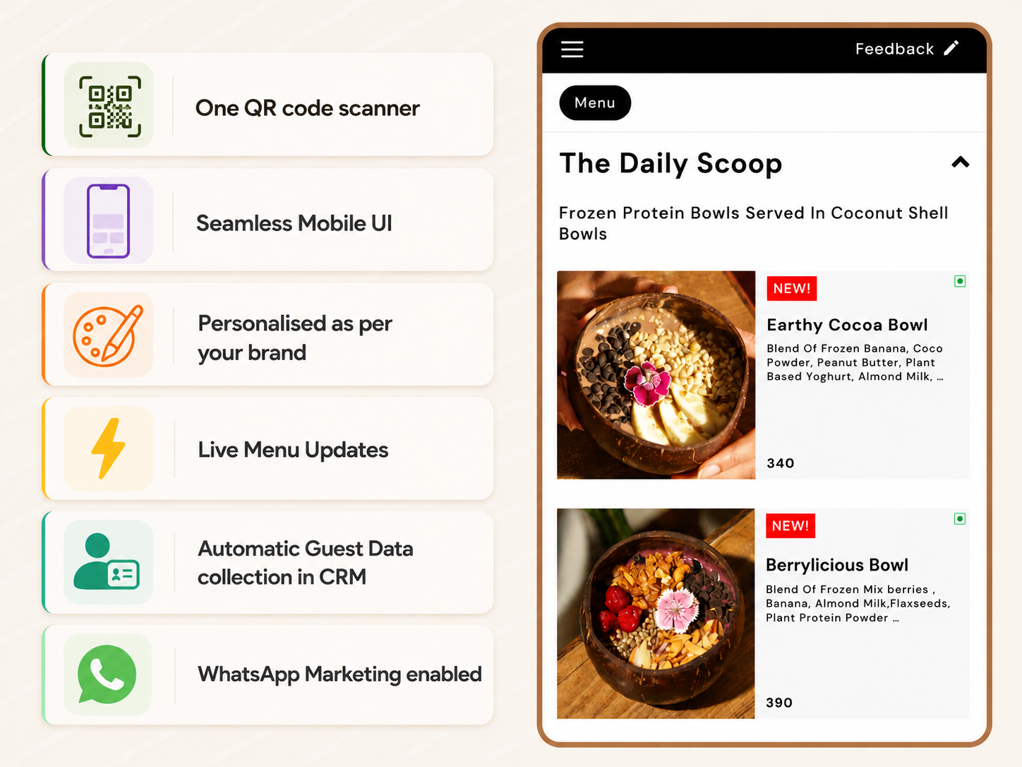 AirMenus QR menu features alongside a branded mobile menu