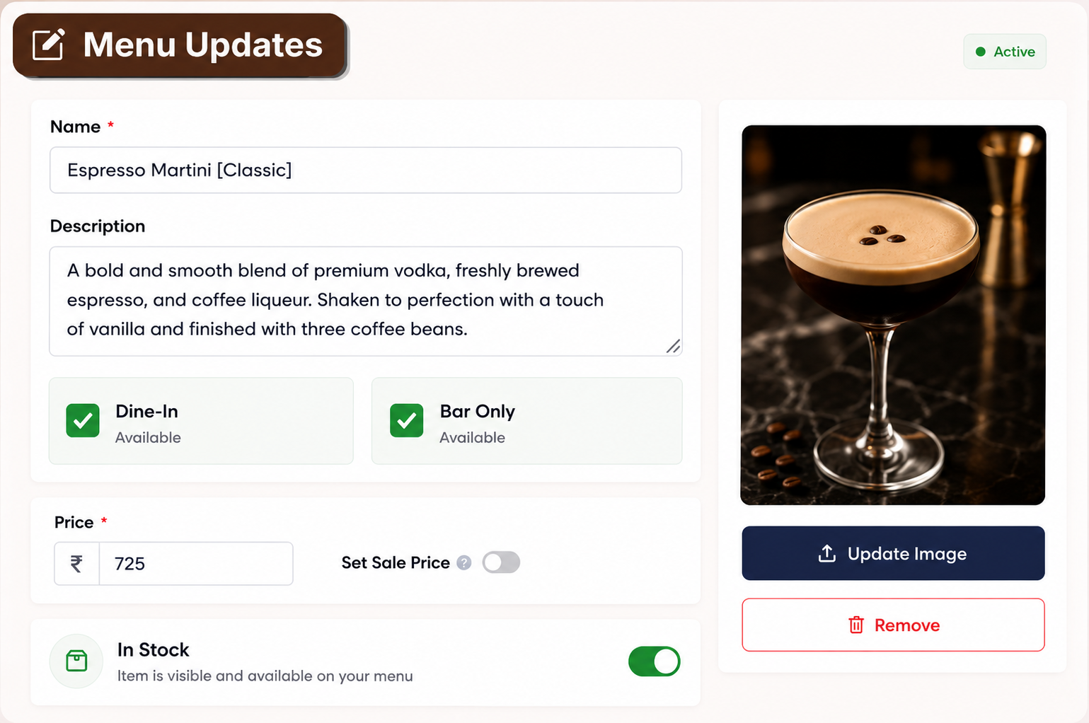 AirMenus menu management interface for instant item updates