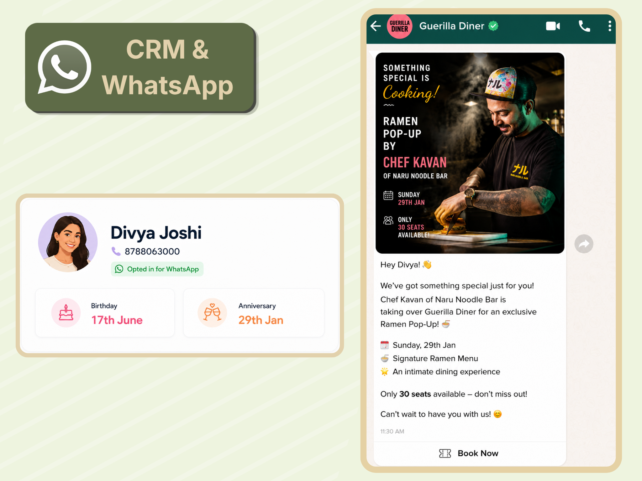 AirMenus CRM guest profile connected to a personalized WhatsApp campaign