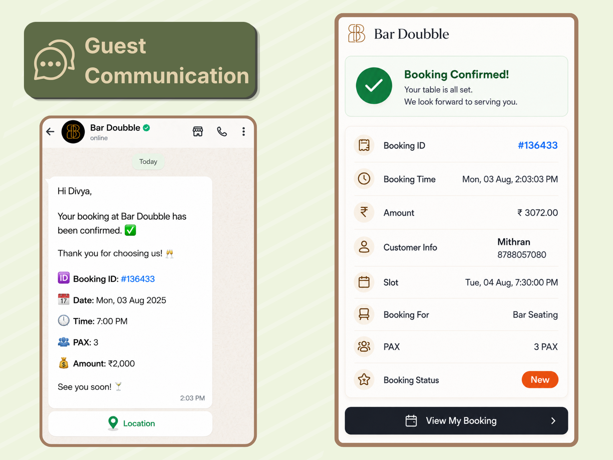 WhatsApp booking confirmation alongside the guest booking details page