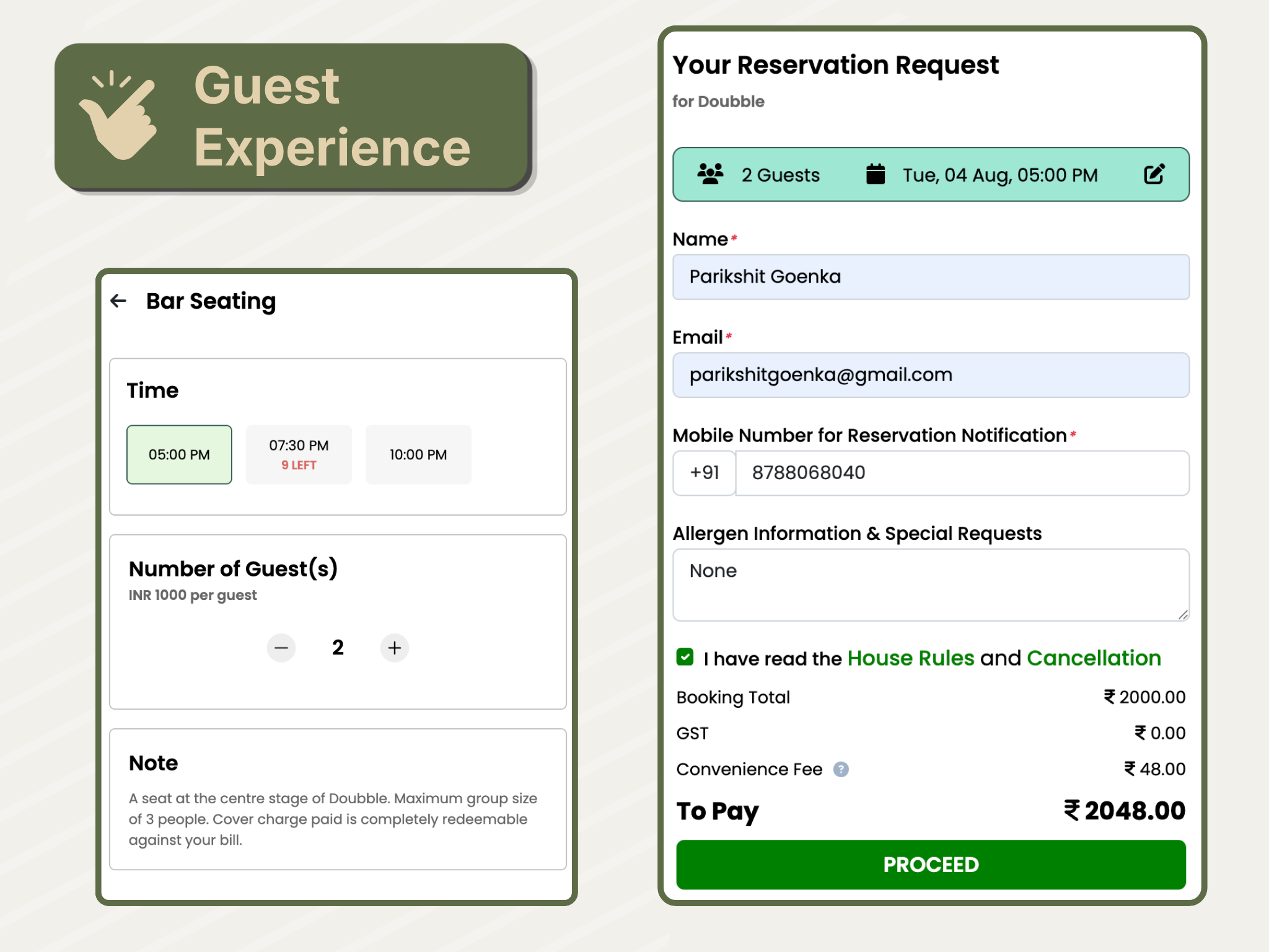 AirMenus guest reservation flow showing table selection and reservation details
