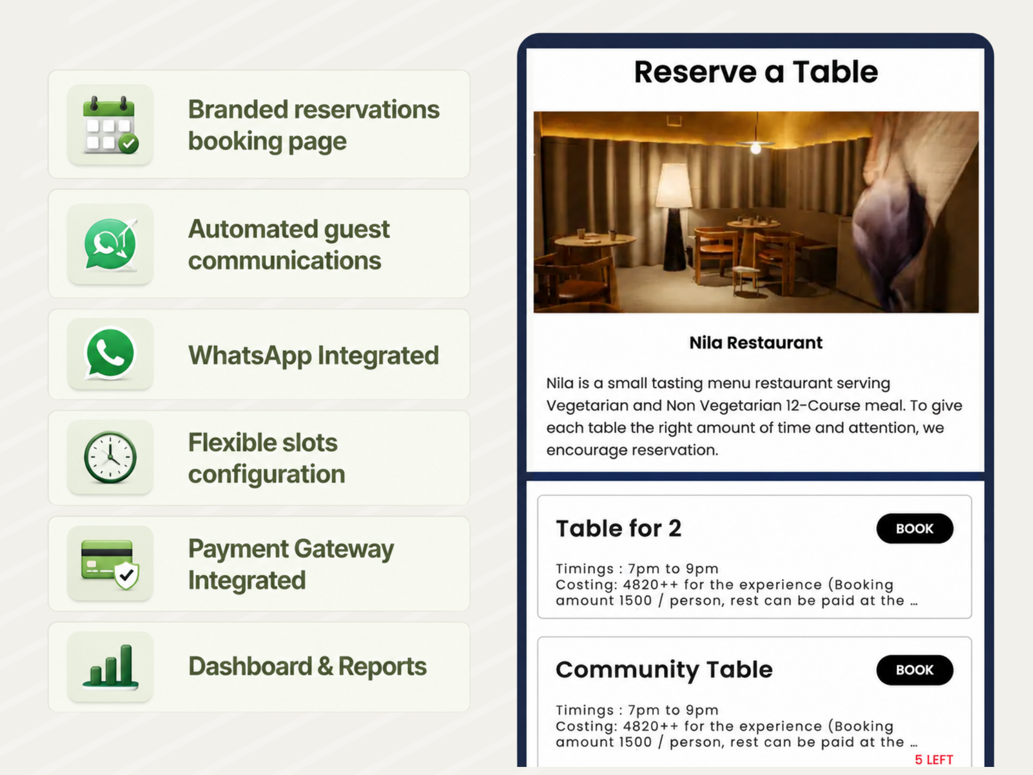 AirMenus reservations features alongside a branded restaurant table booking page