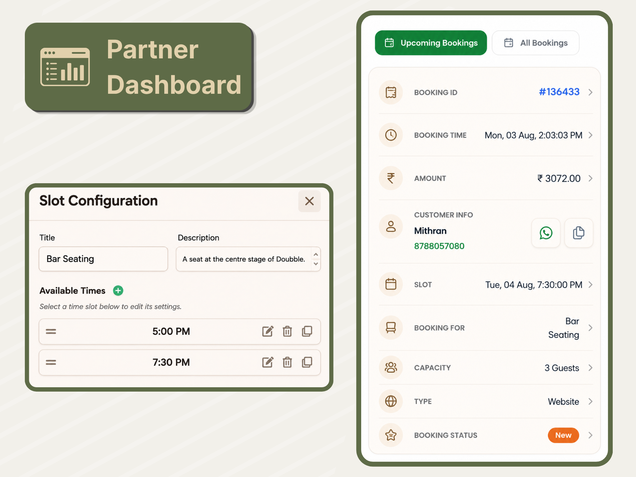 AirMenus partner dashboard showing upcoming bookings and slot configuration