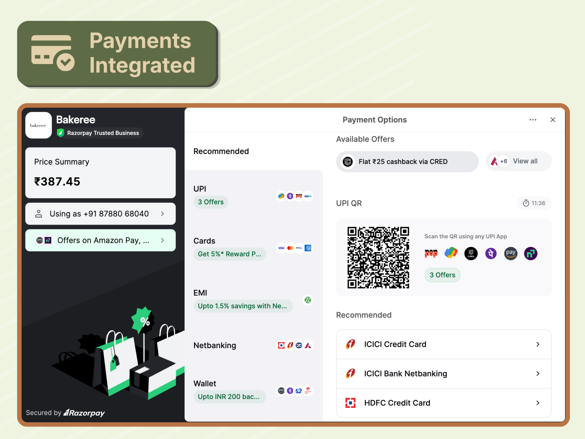 Integrated Razorpay checkout showing UPI, card, net banking and wallet payment options