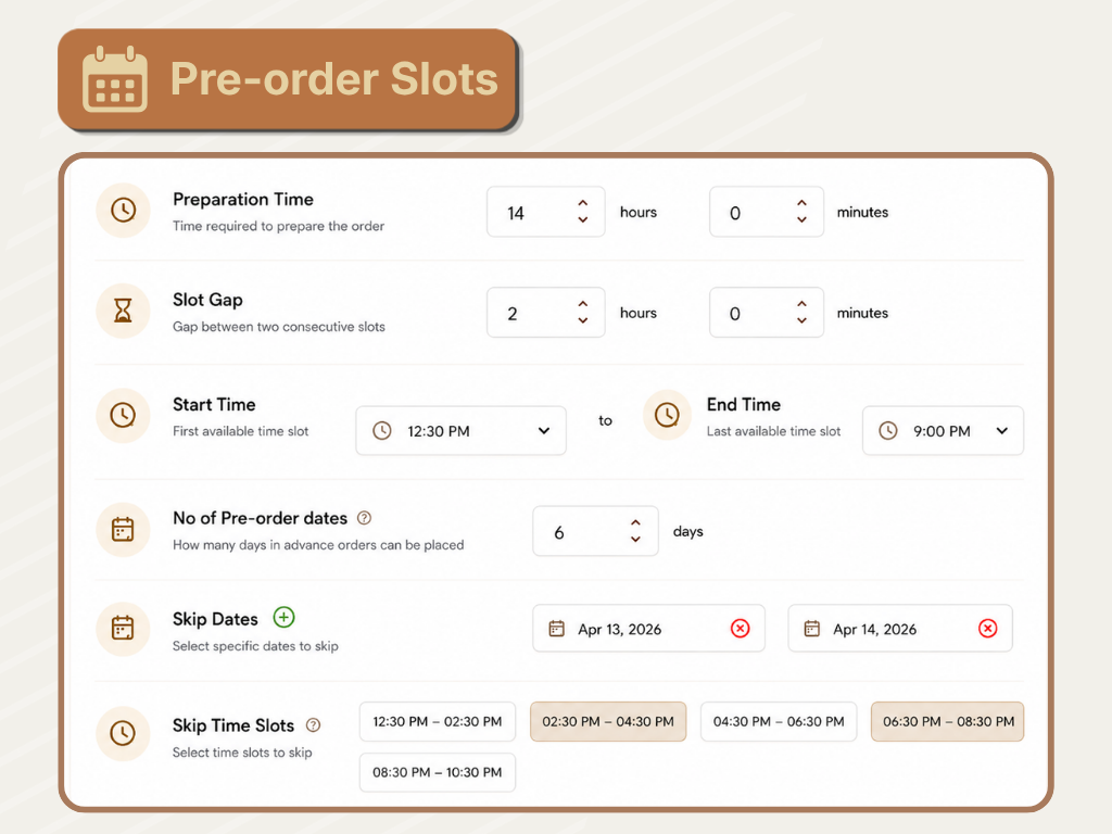 AirMenus pre-order and delivery slot settings