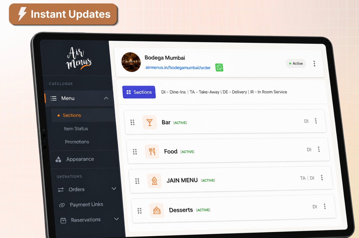 AirMenus instant menu updates dashboard