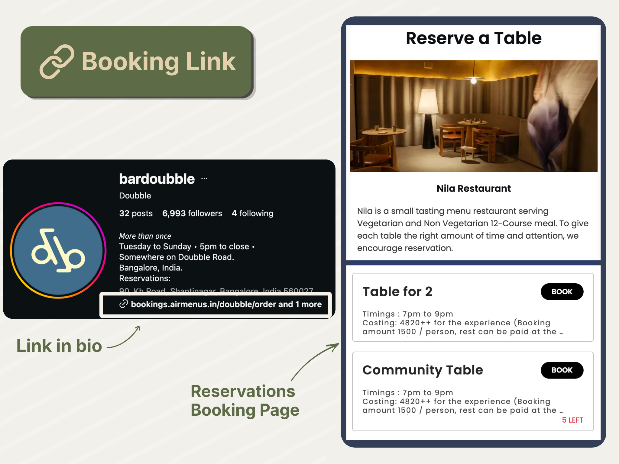 Restaurant booking link shared through Instagram leading to an AirMenus reservations page