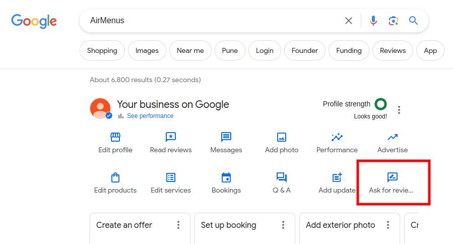 The 'Ask for reviews' option on a Google Business Profile