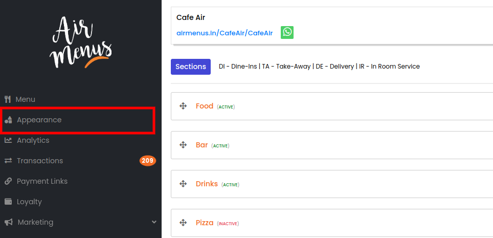 The Appearance Settings option in the AirMenus Partner Dashboard sidebar