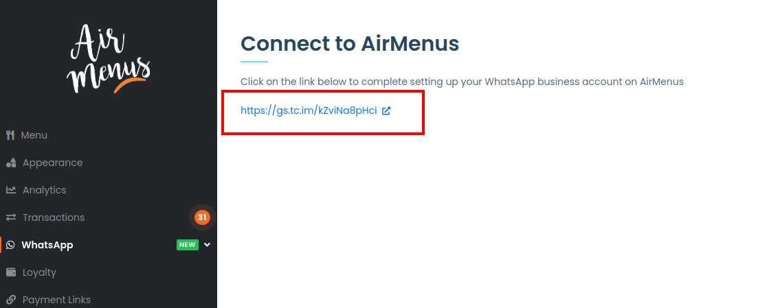 Click the Meta-generated onboarding link