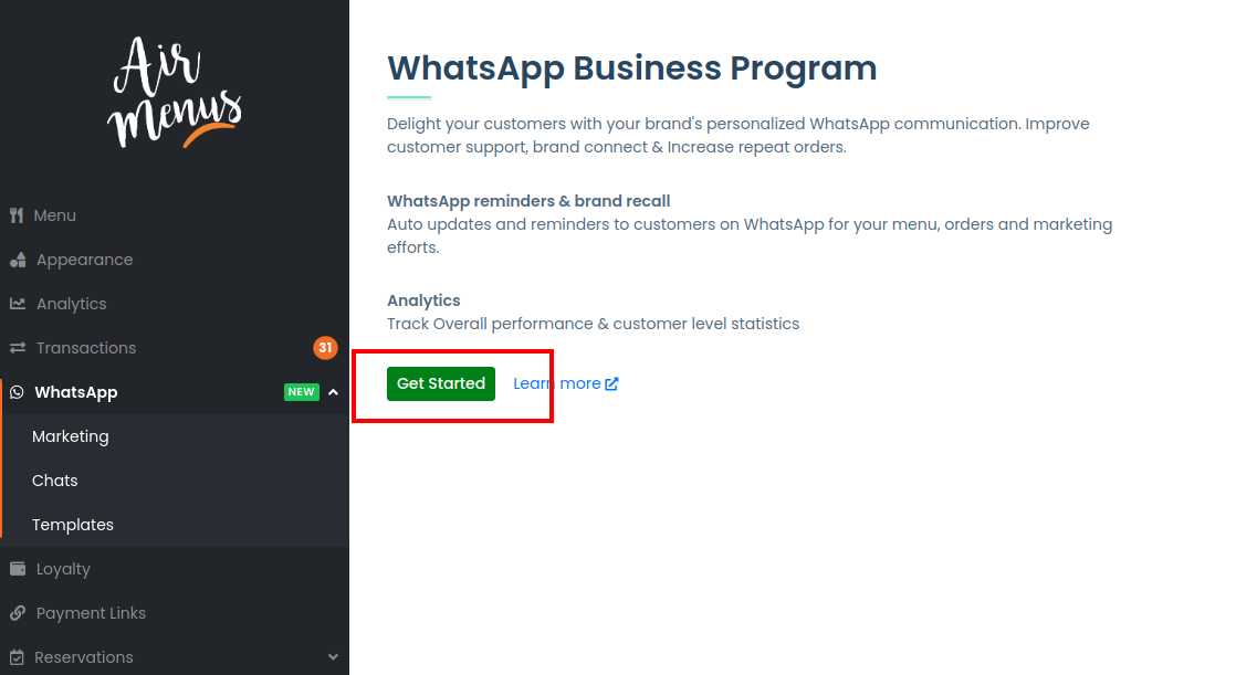 Click on Get Started to generate a self-serve WhatsApp onboarding link