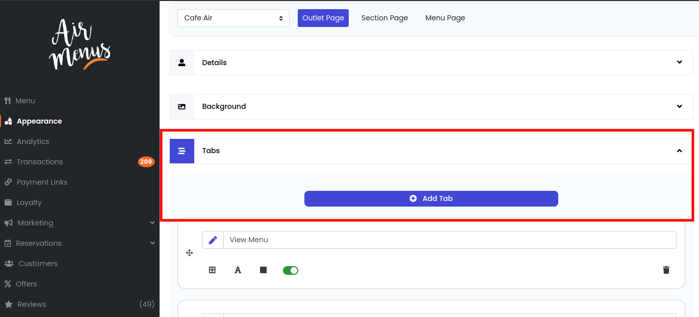 Opening the Tabs section and clicking Add Tab