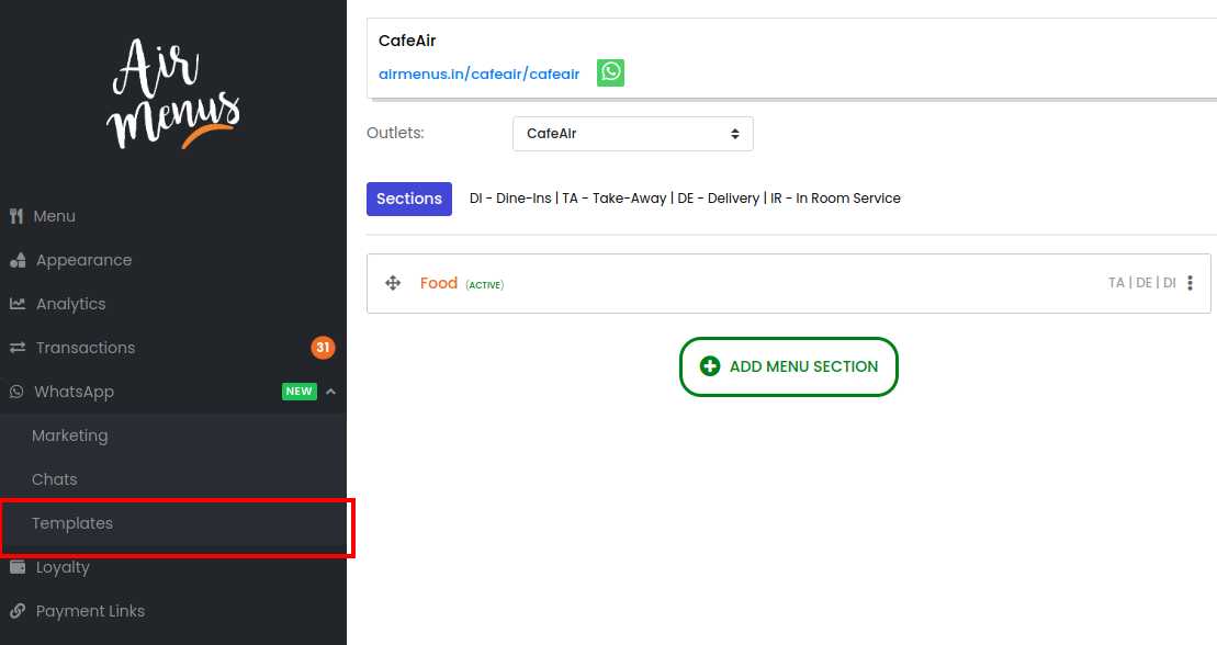 Click on the Templates option
