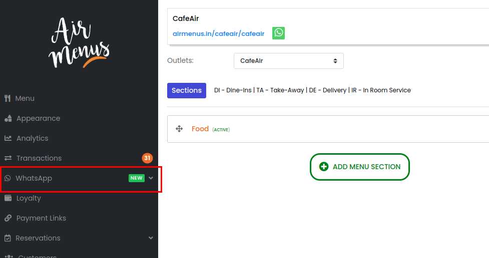 Go to the WhatsApp page in the AirMenus Partner Dashboard sidebar