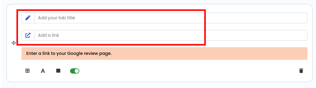 Entering a tab title and pasting the Google Review link