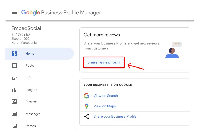 The 'Share review form' option on the Get more reviews box