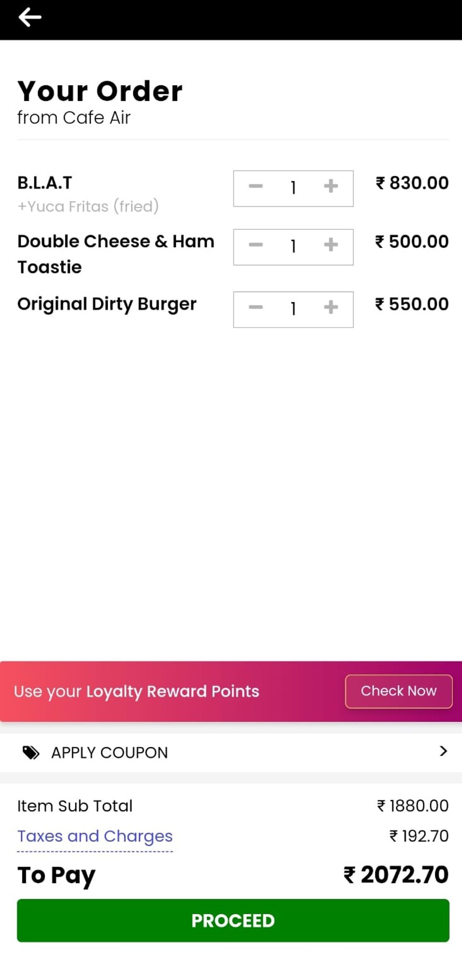 Applying loyalty points on the AirMenus cart page