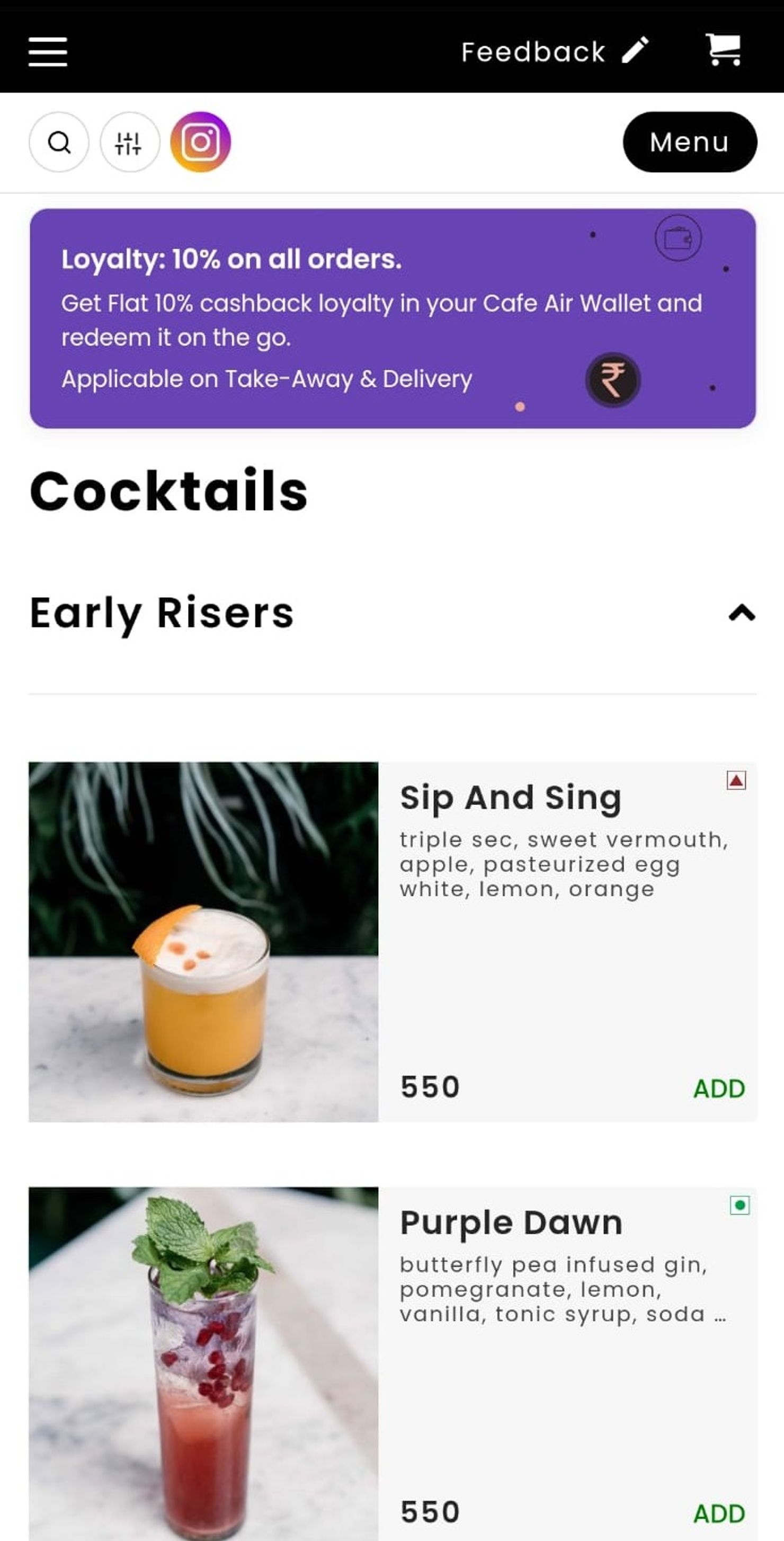 The loyalty program shown on the AirMenus digital menu