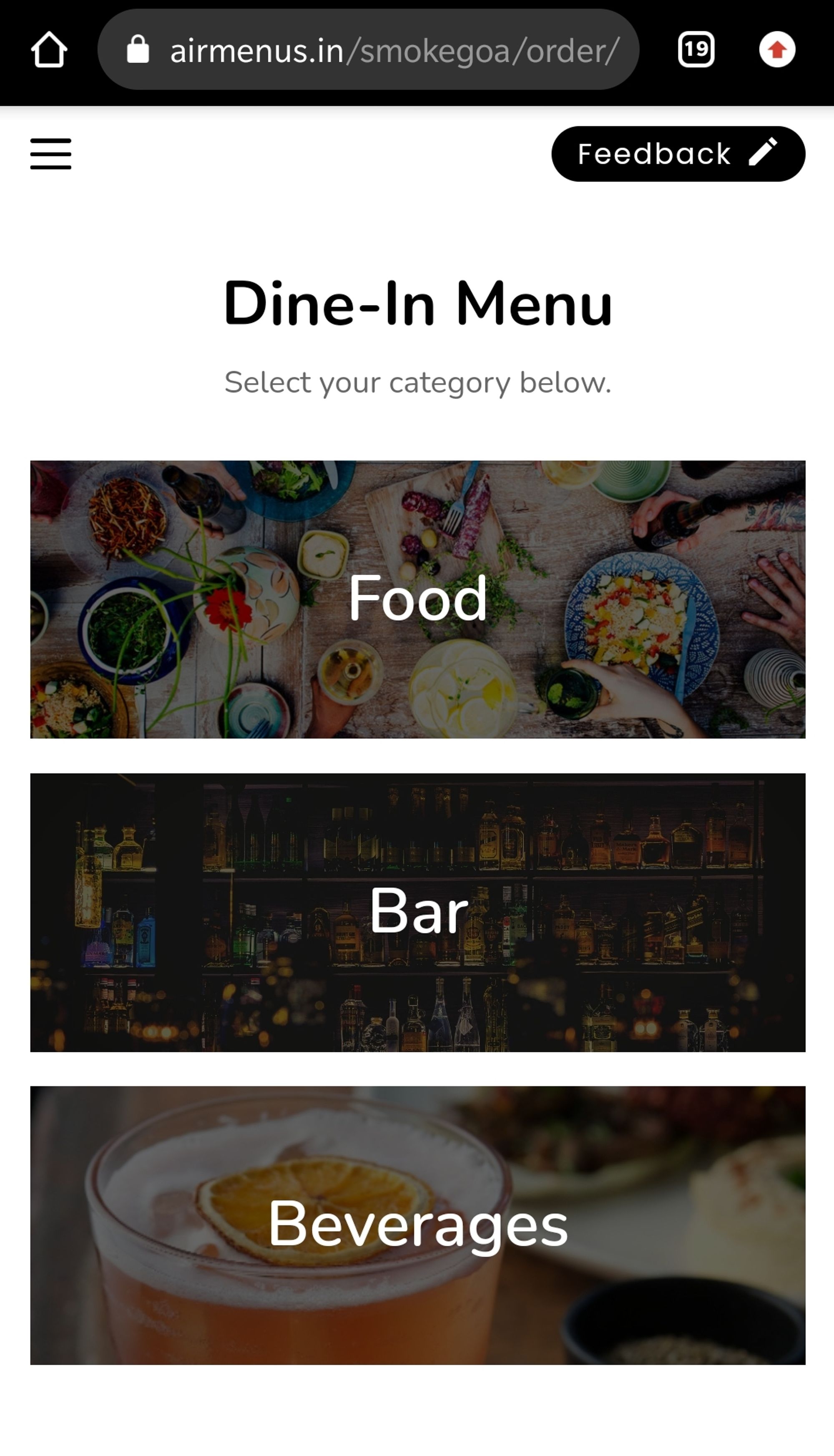 Sections shown on the AirMenus guest digital menu