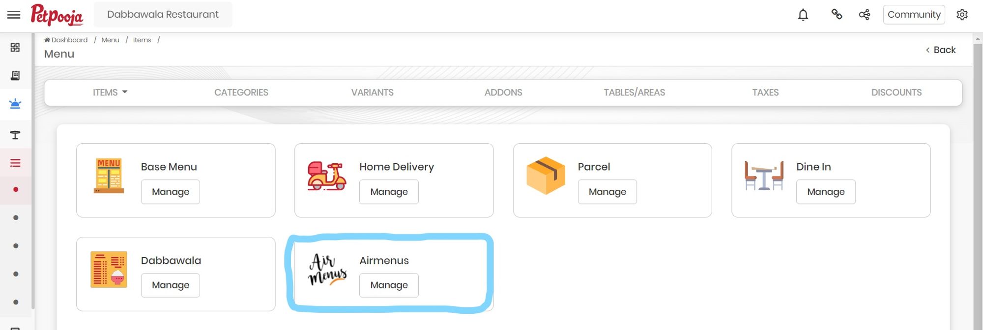 Accessing the Areas tab in PetPooja Menu Management