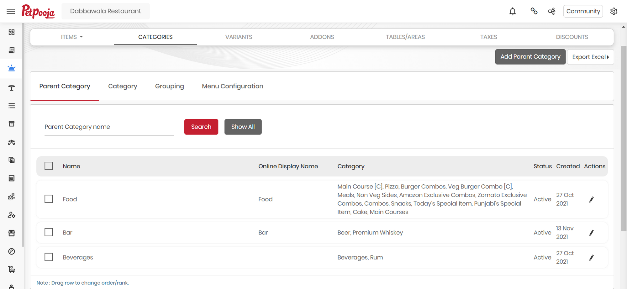 Parent categories mapped in PetPooja