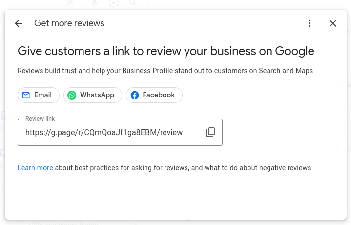 Copying the generated Google review link