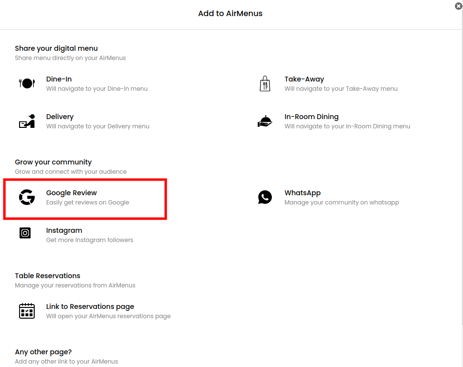 Selecting the Google Review tab option