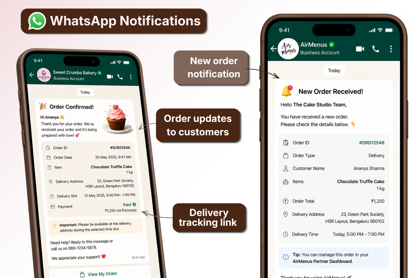 AirMenus WhatsApp order notifications